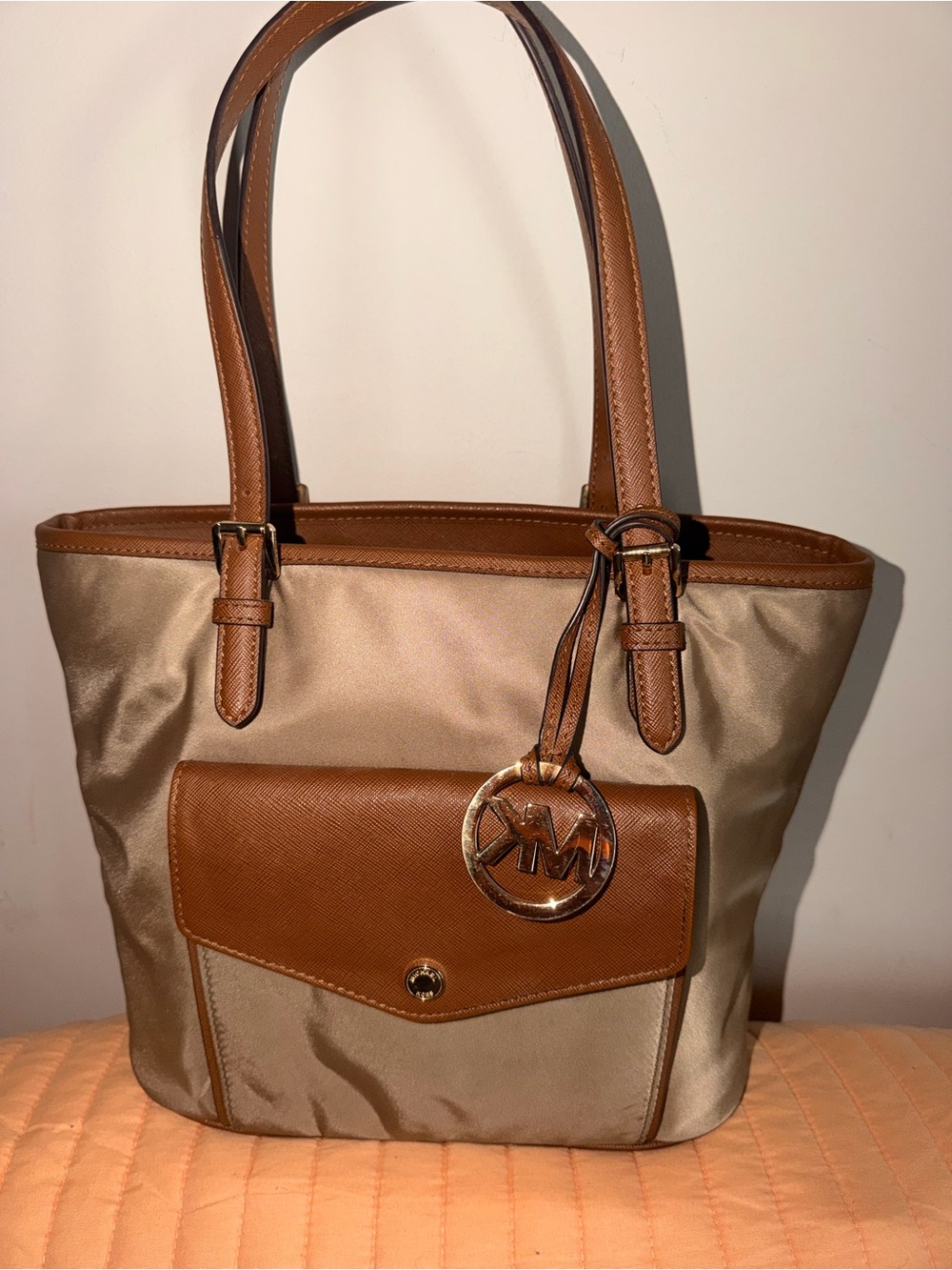 Michael Kors Tan and Beige Leather-Trim Tote